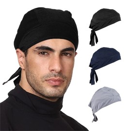 3 Pack Sweat Wicking Do Rag Cooling Beanie Helmet Liner Dew Rag Head Scarf, Bandana, Head Wrap, Motorcycle, Cycling (Black, Blue, Grey)