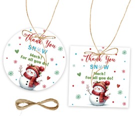 50pcs Snow Much Thank You Tags, Snowman Gift Tag with String for Christmas Party, Round Thank You Paper Tags for Christmas Holiday/Winter Themed Party Favors