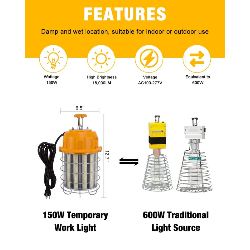 JC-LGL LED Temporary Work Light 150W, 5000K 18,000lm Outdoor Construction