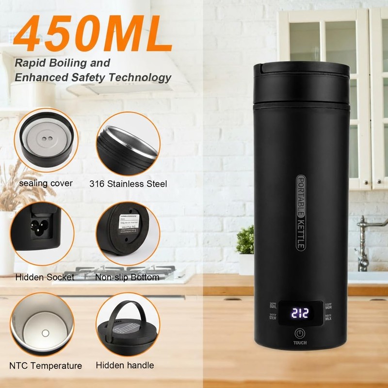 Rzlinn Portable Electric Kettle （110V）, Travel Tea Kettle, 316 Stainless