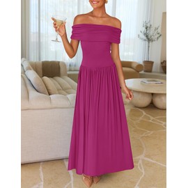 ZESICA Women's Off The Shoulder Maxi Dress 2025 Summer Sleeveless Casual Slim Swing Pleated Formal Party Dresses,Dragon Fruit,Small