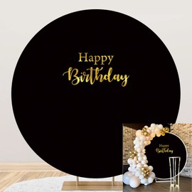 DORCEV Happy Birthday Round Backdrop Cover 6.5x6.5ft Polyester Black Birthday Round Background for Photography Newborn Baby Shower Kids 1st Birthday Circle Backdrop Adults Photo Portrait Studio Props