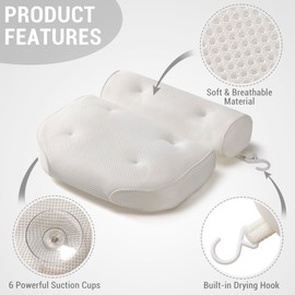 Luxury Bathtub Pillow - Luxury 3D Mesh Bathtub Pillow for Neck and Back Support with Eye Mask, Loofah and 6 Non-Slip Suction Cups, White