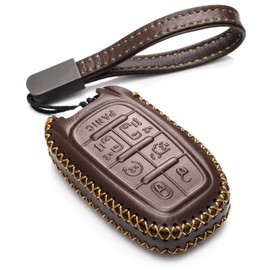 Vitodeco Genuine Leather Smart Key Fob Case Cover Protector with Leather Key Clap Compatible for Chrysler Pacifica 2017 - 2026 (7-Button, Brown)