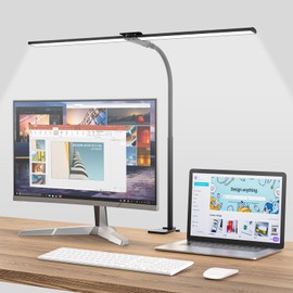 Hensam Double Head Clip On Desk Lamp, 1400lm Dimmable Gooseneck Architect Lamp with 5 Color Modes, Eye-Caring Task Light for Home Office,Workbench,Study, Black