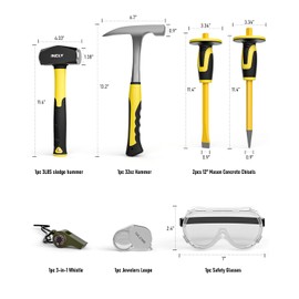 INCLY 7 Pcs Geology Rock Pick Equipment Kit, 3lb Sledge &32 oz Rock Hammer with 2PCS 12" Mason Concrete Chisel.Safety Glasses, Jewelers loupe, Tool Set for Hounding, GoldMining, Stone Breaking