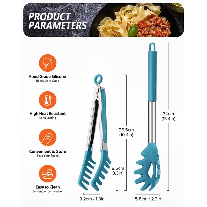 Silicone Spaghetti Spoon & Pasta Tong, Non-Stick Stainless Steel Handle