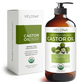 velona USDA Certified Organic Castor Oil – 16 fl oz in Glass Bottle | Cold-Pressed, Hexane-Free, USP Grade | Promotes Hair Growth, Eyelash & Eyebrow Enhancement | Bottled in USA