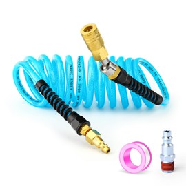 GASHER 1/4" x 10FT Reinforced Polyurethane Recoil Air Hose with Bend Restrictor, Air Hose kit With 360°Swivel Coupler, 1/4" Industrial Quick Coupler and Plug