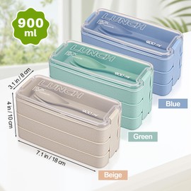 LemonRoad 6 Pack Reusable Adult Lunch Boxes Stackable Japanese Bento Box Set with Fork and Spoon 3 in 1 Compartment Leak-proof Wheat Straw Lunch Box Dishwasher and Microwave Safe (Green Blue Beige)