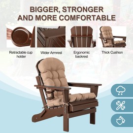 nalone Folding Adirondack Chair with Cushion with Cup Holder, HDPE Plastic Oversized Patio Chair Weather Resistant, Used in Outdoor, Fire Pit, Deck, Outside, Garden, Campfire Chairs (Brown)