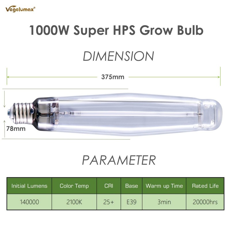 Vegelumax 1000Watt Hydroponic High Pressure Sodium HPS Grow Light Bulb