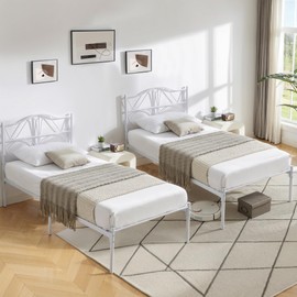 VECELO 2 Set Twin Size Bed Frame, Metal Bed Platform with Headboard, Sturdy Steel Slats Support, No Box Spring Needed/Noise-Free,Easy Assembly