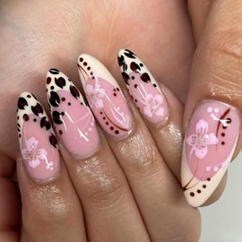 24Pcs French Tip Press On Nails - Medium Almond Hibiscus Flower & Leopard Print Designs - Acrylic False Nails for Women