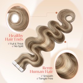 Elailite Wavy Tape in Hair Extensions Human Hair Body Wave Real Remy Hairpieces Golden Brown & Bleach Blonde 14 Inch 40g 20pcs Invisible Seamless Skin Weft Best Tape for Women