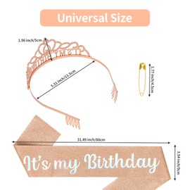 Araluky Birthday Crown & Sash for Women - Rose Gold - Champagne - Adult Unisex - 1 Count - 1 Set - 2 Pieces - HAIRBAND - Party Hats - Birthday Celebration - Women's Department