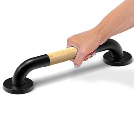 AquaChase Safety Grab Bar for Bathroom & Toilet, Natural Bamboo Handle, ADA Compliant Balance Assist Handrail for Handicap and Seniors, 12in Matte Black