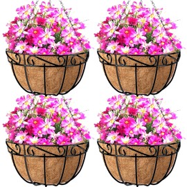 AMAGABELI GARDEN & HOME 4 Pack 12 Inch Metal Plant Hanging Baskets Planter Flower Pots Outdoor Indoor Wire Hanging Basket for Vegetable with Coco Fiber Liners for Garden Home Porch Decor