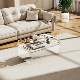 solaround Acrylic Coffee Table for Living Room Clear Rectangle Lucite Table with Open Storage Shelf (1, Clear, Nomal)