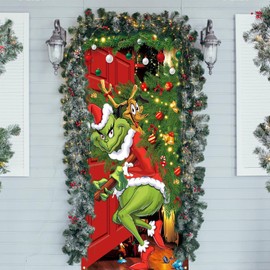 Green Christmas Door Cover Decorations, 71×35In Green Doll Door Banner Photography Porch Sign with Stealing Gifts for Xmas Outdoor Home Decor (Green Red-Tree)