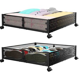 Under Bed Storage, Under the Bed Storage Containers with Wheels, Under Bed Shoe Storage Organizer Drawer, Tool-free Assembly Metal Underbed Storage Containers for Bedroom Clothes Shoes Blankets -2Pack