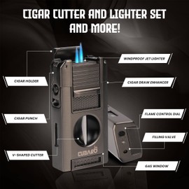 CUBARO Cigar Lighter with V Cutter, Punch, Draw Tool – Dual Torch Flame, Flip Lid Cigar Rest – Refillable Windproof Butane Lighter Gift Set for Men – Grey Finish (NO Butane)