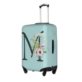 Travel Luggage Cover Spandex Blue Suitcase Protector Bag,Black Letter M Boho Floral Flowers Leaves Dust-Proof Washable Baggage Covers For Wheeled Suitcase Kid Adult,L (For 25-28 Inch Luggage)
