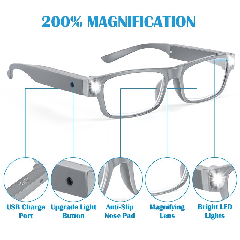 200% Magnifying Glasses with Light,USB Rechargeable LED Lighted Magnifying Eyewear,Hands