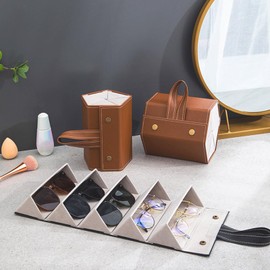 WUMUZAI Travel Sunglasses Organizer 4 Compartments Travel Glasses Case Multiple Pairs PU Leather Sunglasses Holder Hanging Foldable Glasses Case Portable Glasses Storage Box, 4 Slots Black