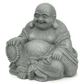 BEIZHAN Feng Shui Stone Buddha Statue,Sandstone Laughing Buddha Holding Beads & Money Bag, Bring Luck Wealth Charm Gift for Good Fortune, Peace & Prosperity