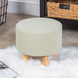 Homebeez Round Ottoman Foot Rest Stool, Small Fabric Footstool with Non-Skid Wood Legs, Beige