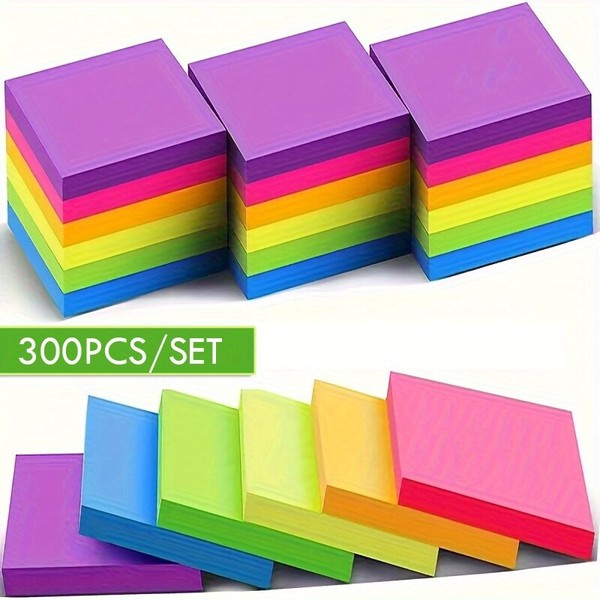 300PCS Vibrant Fluorescent Sticky Notes Memo Pads for School/Office/