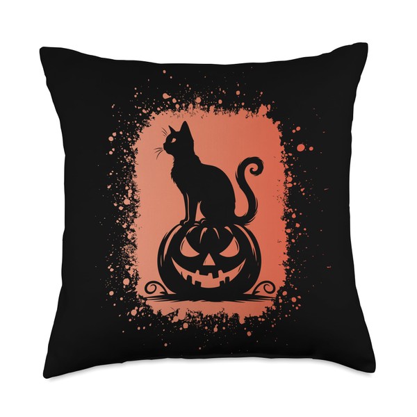 Halloween Cat with Jack O Lantern Silhouette Throw Pillow