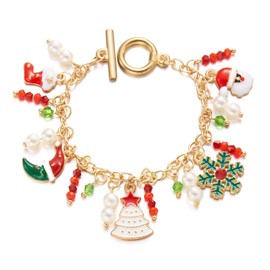 Christmas Charm Bracelets Cute Christmas Tree Pendant Bracelet Colorful Beaded Santa Claus Christmas Tree Stockings Snowflake Gift Box wreath crutch Candy Elk Pendant Bracelet for Christmas Party (Christmas Tree - White)