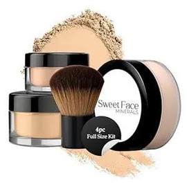 Sweet Face Minerals 4 Pc Full Size Kit with Kabuki Mineral Makeup Set Bare Skin Sheer Powder Foundation Cover Warm (most popular) 4 piece Full Size...