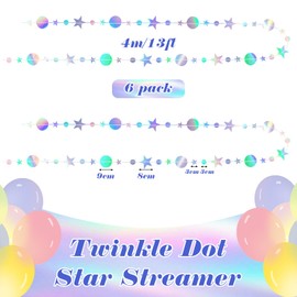 6 Pcs 4m Holographic Rainbow Hanging Paper Garland, Iridescent Circle Dot Star Streamer Garland Decoration, Glitter Circle Star Paper Decoration for Birthday Wedding Xmas Party Supplies(78 Ft/6 Pack)