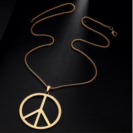 Fashion Jewelry Large Peace Sign Pendant Necklace - Gold