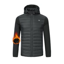 JINSHI Mens Puffer Jacket with Hood Lightweight Insulated Hybrid Track Jacket for Hiking Running Cycling Warm Dark grey 2XL