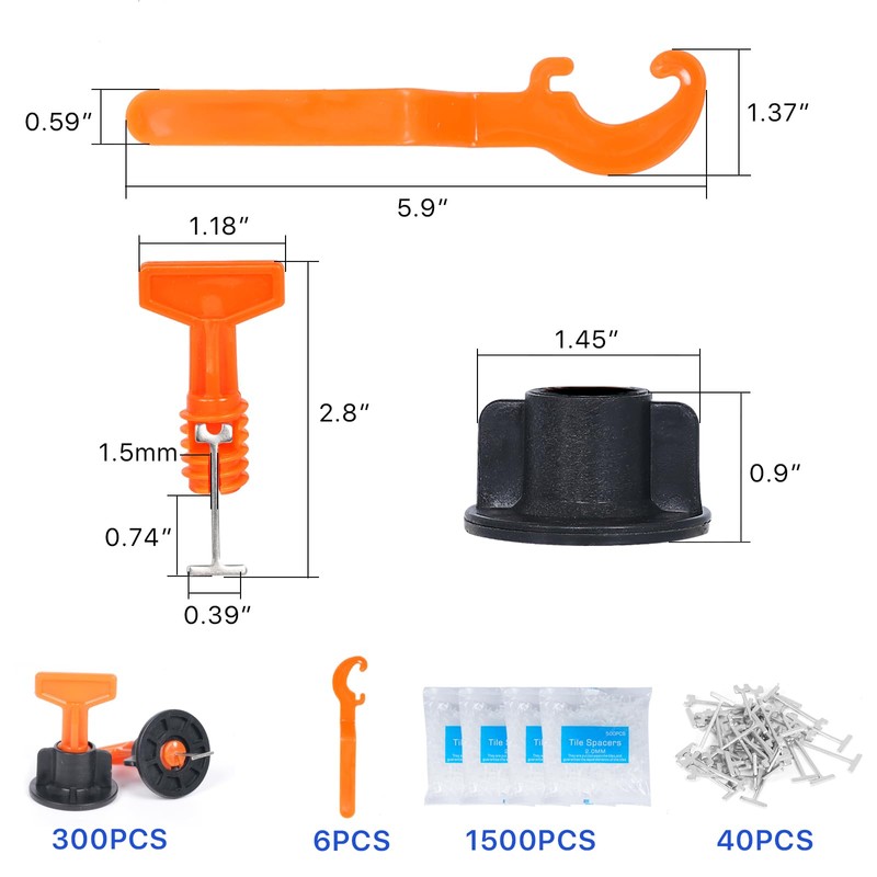Reusable 1/16" Tile Leveling System Kit (300pcs) w/ 1500 1/8"