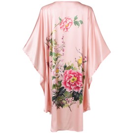 Ledamon Women's 100% Silk Short Robe Bathrobe Nightgown Sleepwear Pajama -Classic Batwing Sleeved (Light Pink-B)