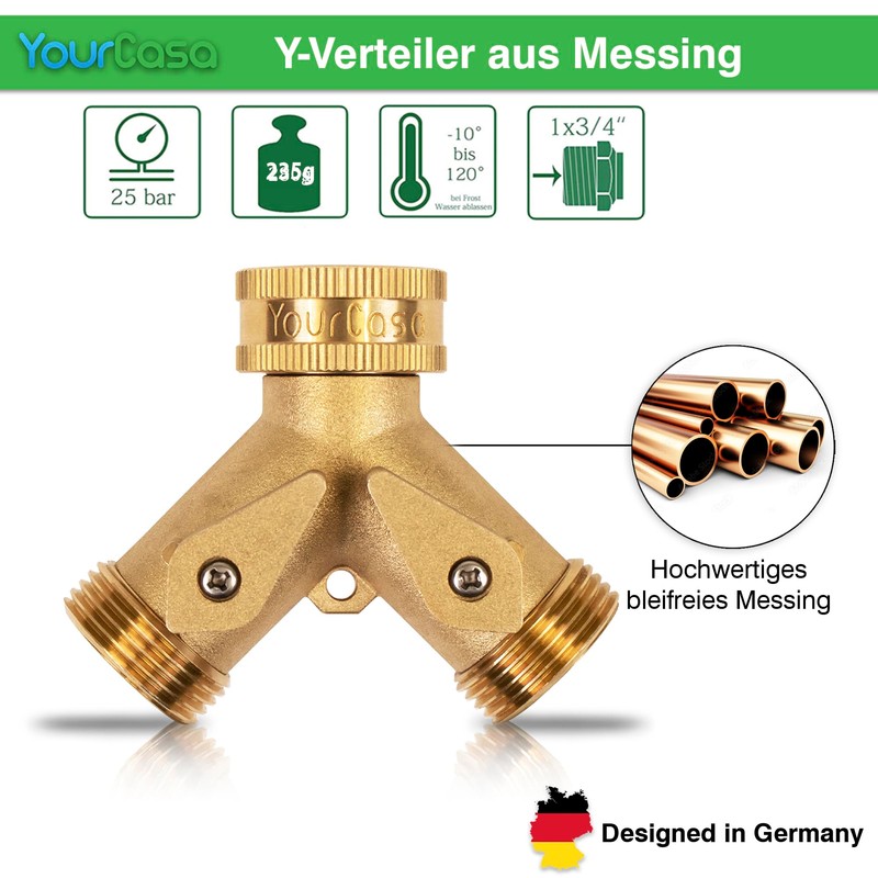 YourCasa Water Distributor Y Splitter 3/4 Inch Brass - Water