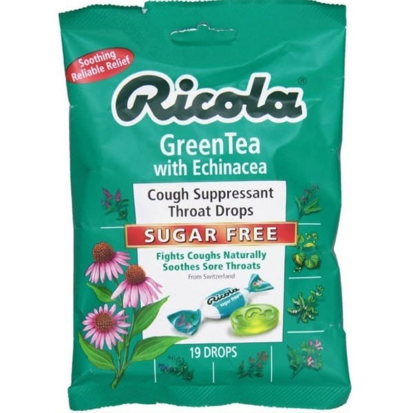 Ricola Sugar Free Green Tea with Echinacea Cough Suppressant Throat Drops 19ct Bag(Pack of 3)