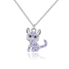 luomart Girls Cat Birthstone Necklaces Jewelry,Silver Plated Kitty Dog Pendant Gifts Set for Women Boys Men (Girls Amethyst)