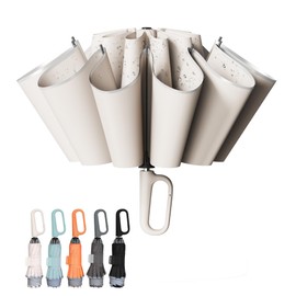 TUMAAOTU Compact Inverted Umbrella with Carabiner Clip Handle – Travel Umbrella Windproof Strong, Reverse Umbrellas for wind rain, Auto Open Close, 10 Rib Durable Frame for Women Men (White)