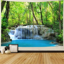 FENDROM Green Tree Tapestry Waterfall Tapestry Forest Tapestry Wall Hanging Nature Landscape Tapestries Stone River Tapestry for Room