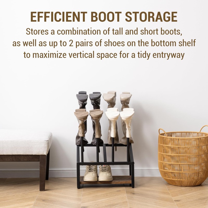MyGift Industrial Metal & Burnt Wood 4-Pair Boot Rack with