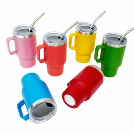 Metalya 3 oz Mini Tumbler Shot Glass with Straw and Lid, 6 Pack Stainless Steel Shot Glasses with Handle, Double Wall Vacuum Insulated Tumblers for Laser Engrave, Cute Cups for Party (6 Pack A)