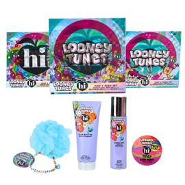 Looney Tunes x Hi Peach Layne Premium Bath Gift Set in Lenticular Box, containing a10 fl oz Body Wash, 8 oz Body Cream, 4.5 oz Bath Bomb and a Friendship Loofah