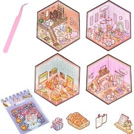 5 Sets of 3D Sticker Scene, 3D Sticker, 3D Sticker Maker, DIY Scene Stickers Your Own Wardrobe, Recreation Room, Dessert Shop, Library, Fun Cute Scene Stickers Relief Stress for Adult K