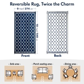 Waterproof Outdoor Rug 9x18 ft, Reversible Plastic Straw Rug, Easy to Clean Patio Rug, Portable Carpet for Patio, RV, Deck, Balcony, Backyard, Picnic, Beach, Clover, Navy Blue